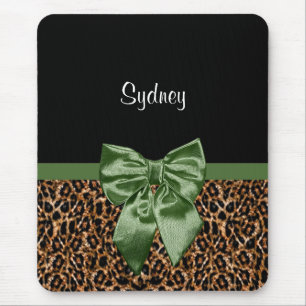 Stylish Leopard Print Elegant Green Bow and Name Mouse Pad