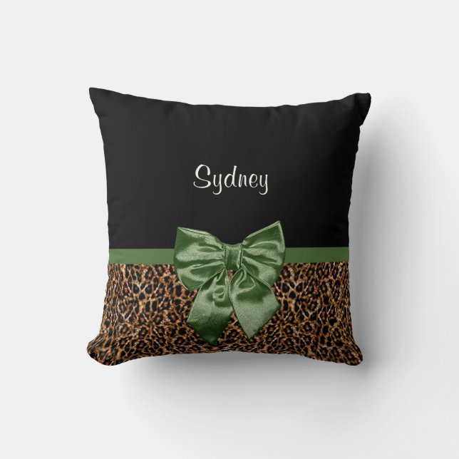 Stylish Leopard Print Elegant Green Bow and Name Throw Pillow (Front)