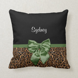 Stylish Leopard Print Elegant Green Bow and Name Throw Pillow