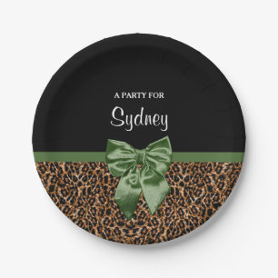 Stylish Leopard Print Elegant Green Bow Party Name Paper Plate