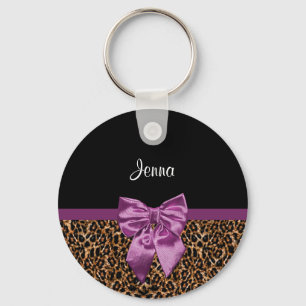 Stylish Leopard Print Elegant Purple Bow and Name Keychain