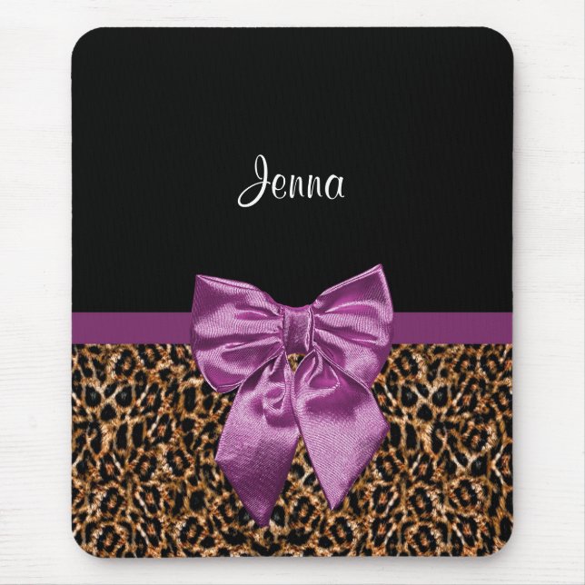 Stylish Leopard Print Elegant Purple Bow and Name Mouse Pad (Front)