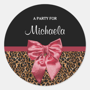 Stylish Leopard Print Elegant Red Bow and Name Classic Round Sticker