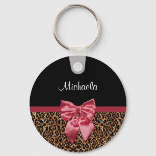 Stylish Leopard Print Elegant Red Bow and Name Keychain