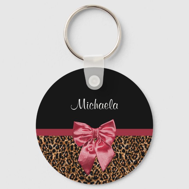 Stylish Leopard Print Elegant Red Bow and Name Keychain (Front)