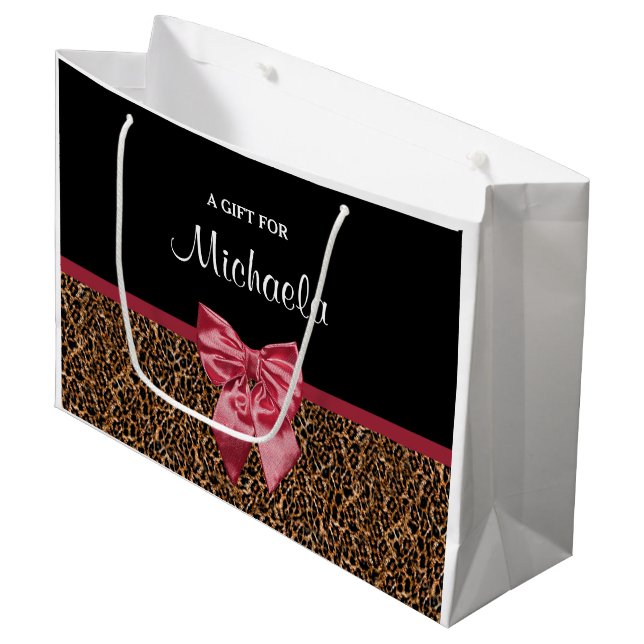 Stylish Leopard Print Elegant Red Bow and Name Large Gift Bag (Front Angled)
