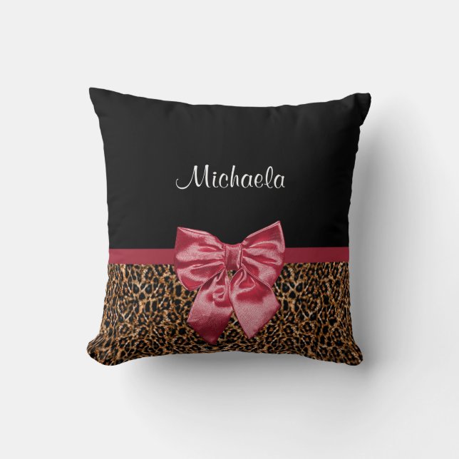 Stylish Leopard Print Elegant Red Bow and Name Throw Pillow (Front)