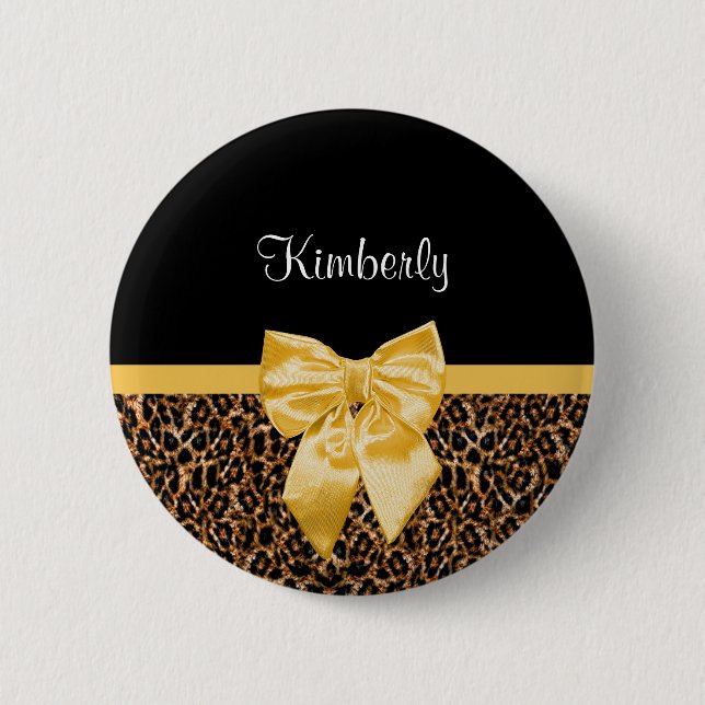 Stylish Leopard Print Elegant Yellow Bow and Name 2 Inch Round Button (Front)