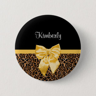 Stylish Leopard Print Elegant Yellow Bow and Name 2 Inch Round Button