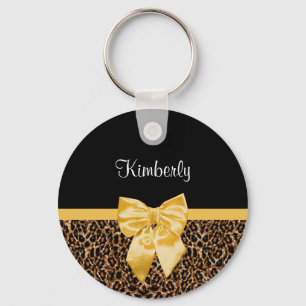 Stylish Leopard Print Elegant Yellow Bow and Name Keychain