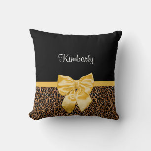 Stylish Leopard Print Elegant Yellow Bow and Name Throw Pillow