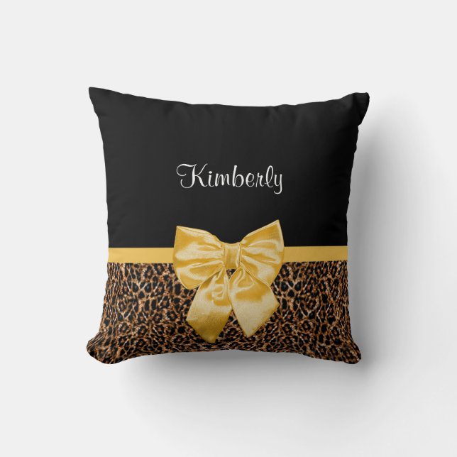 Stylish Leopard Print Elegant Yellow Bow and Name Throw Pillow (Front)