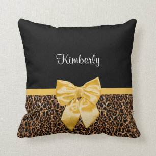Stylish Leopard Print Elegant Yellow Bow and Name Throw Pillow