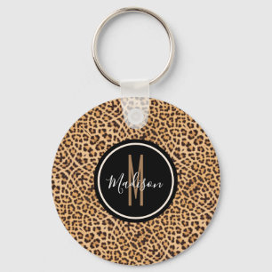 Stylish Leopard Print Monogrammed Script Name Keychain