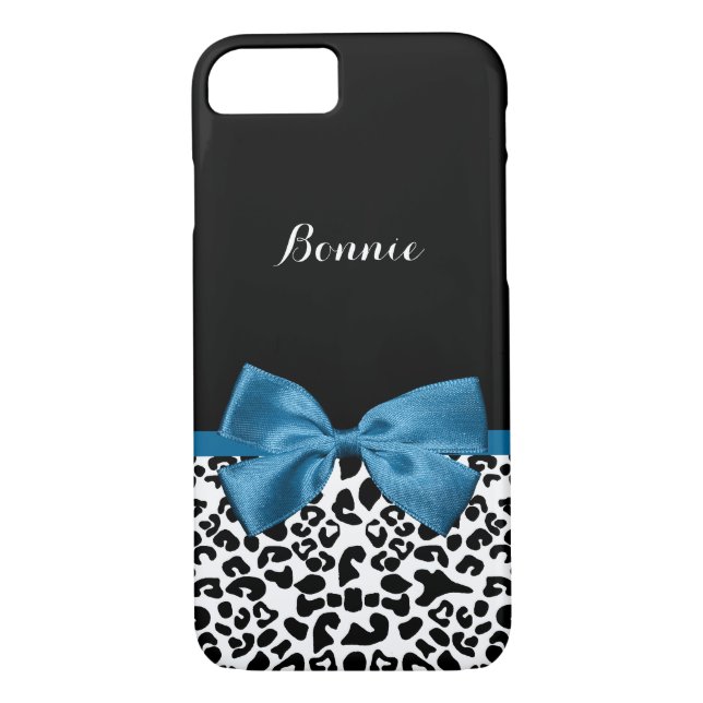 Stylish Leopard Print Name and Fashion Blue Bow Case-Mate iPhone Case (Back)