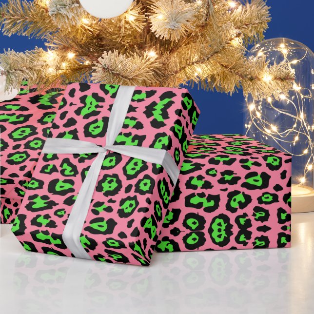 Stylish leopard print neon green pink trendy chic wrapping paper (Holidays)