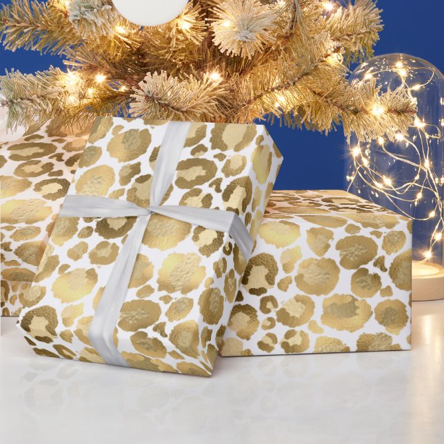 Stylish leopard print pattern gold foil white chic wrapping paper (Holidays)