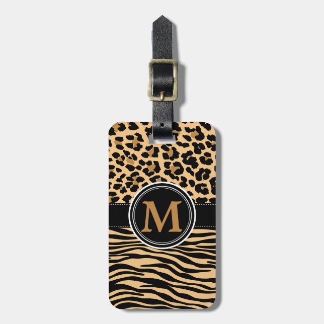 Stylish Leopard Zebra Print Monogram Luggage Tag (Front Vertical)