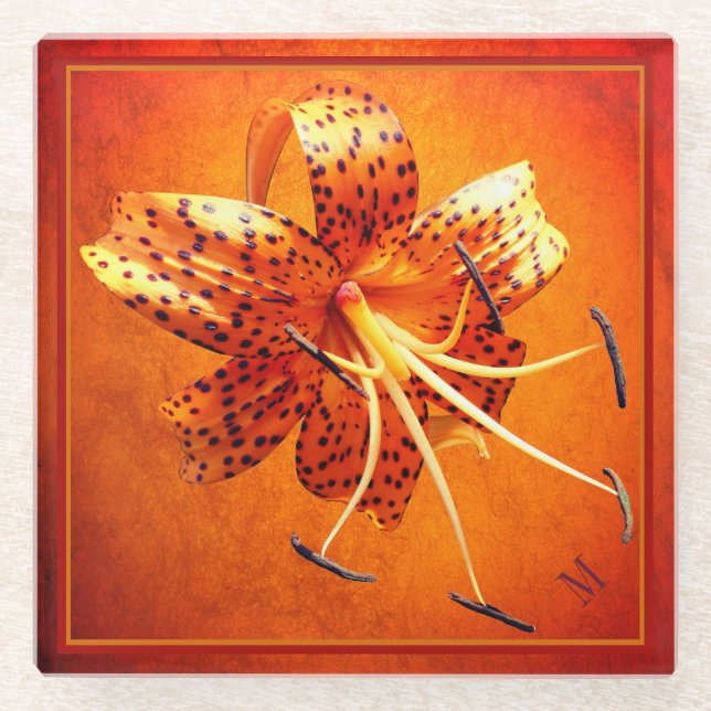 "Stylish Library" Tiger Lily Glass Coaster (Front)