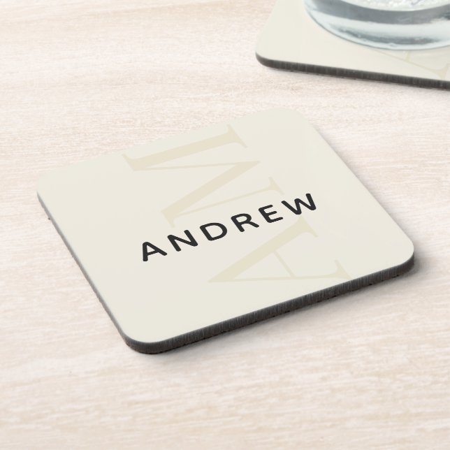 Stylish Light Beige Monogram with Name Coaster (Left Side)