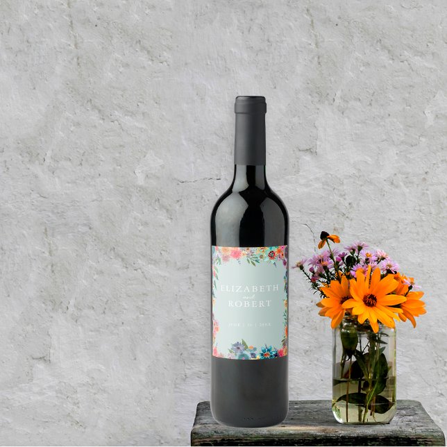 Stylish Light Blue Garden Boho Chic Wildflower Wine Label (Creator Uploaded)