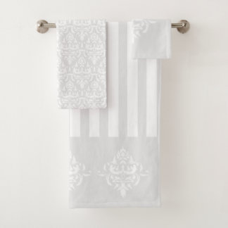 Stylish Light Grey Elegant Damask Pattern Striped Bath Towel Set
