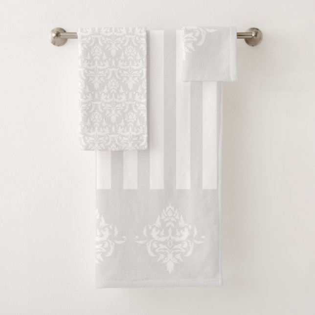 Stylish Light Grey Elegant Damask Pattern Striped Bath Towel Set (Insitu)