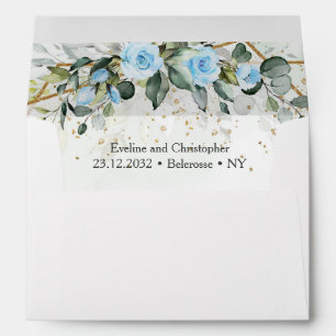 Stylish light pastel blue roses greenery and gold  envelope
