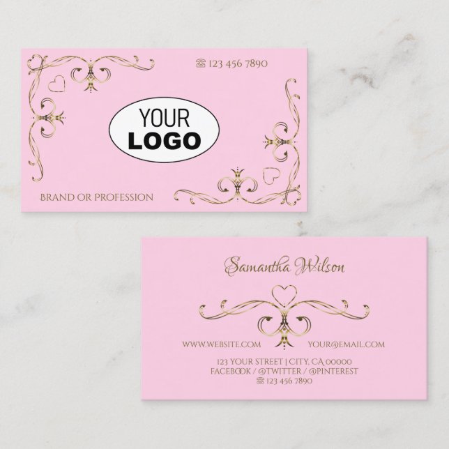 Stylish Light Pink Gold Ornate Corners Logo Hearts Business Card (Front/Back)