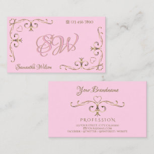 Stylish Light Pink Golden Ornate Corners Initials Business Card