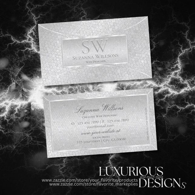 Stylish Light Silver Snake Pattern with Monogram Business Card (Creator Uploaded)