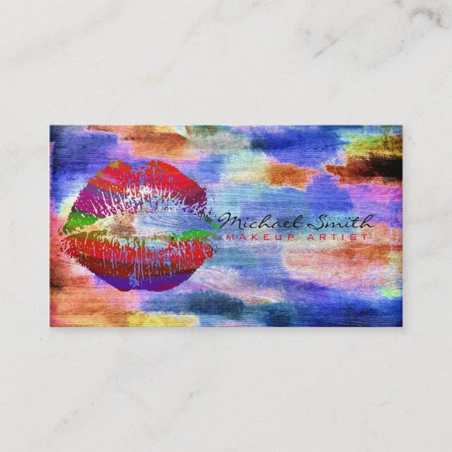 Stylish Lips Makeup Artist Colourful Modern Wood 3 Business Card (Front)