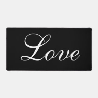 Stylish Love Design White Script Black Background Desk Mat