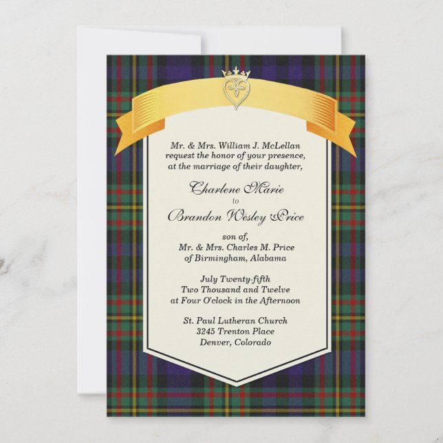Stylish MacLellan Tartan Plaid Custom Wedding Invitation (Front)