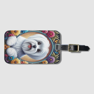 Stylish Maltese Dog Floral Colourful Border Luggage Tag