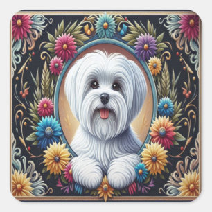 Stylish Maltese Dog Floral Colourful Border Square Sticker