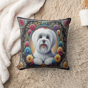 Stylish Maltese Dog Floral Colourful Border Throw Pillow