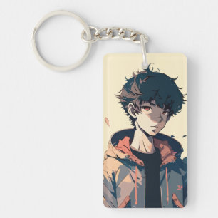 Stylish Manga Boy in Brown Jacket Keychain