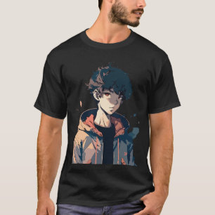 Stylish Manga Boy in Brown Jacket T-Shirt