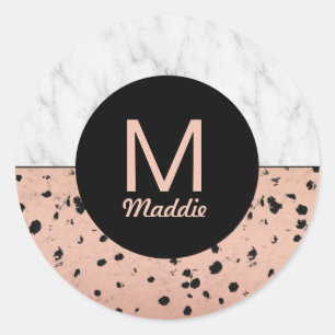 Stylish Marble and Rose Gold Pattern with Monogram Classic Round Sticker