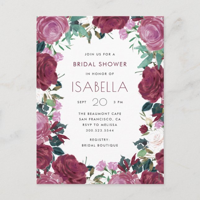 Stylish Maroon Watercolor Floral Bridal Shower Invitation Postcard (Front)