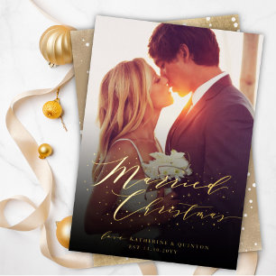 Stylish Married Christmas Sparkles Photo Wedding Foil Holiday Card