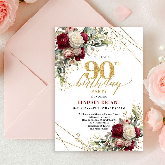 Stylish Marsala Gold Roses 90th Birthday Invitatio Invitation (Stylish Marsala Gold Roses 90th Birthday Invitation

)