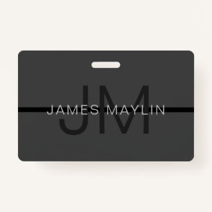 Stylish Masculine Dark Grey Name & Monogram Badge