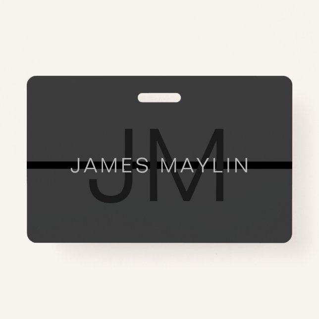 Stylish Masculine Dark Grey Name & Monogram  Badge (Front)