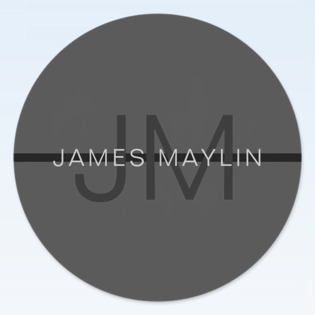 Stylish Masculine Dark Grey Name & Monogram  Classic Round Sticker (Creator Uploaded)