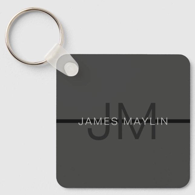 Stylish Masculine Dark Grey Name & Monogram  Keychain (Front)