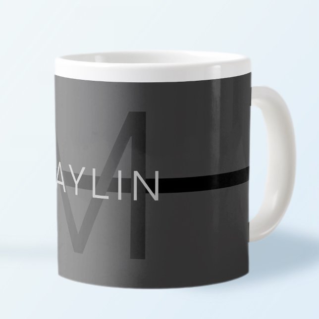 Stylish Masculine Dark Grey Name & Monogram  Large Coffee Mug (Creator Uploaded)