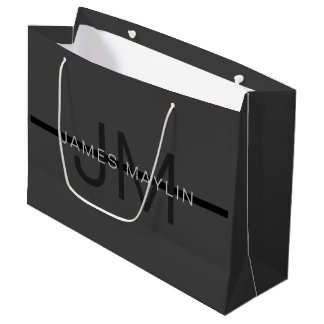 Stylish Masculine Dark Grey Name & Monogram Large Gift Bag