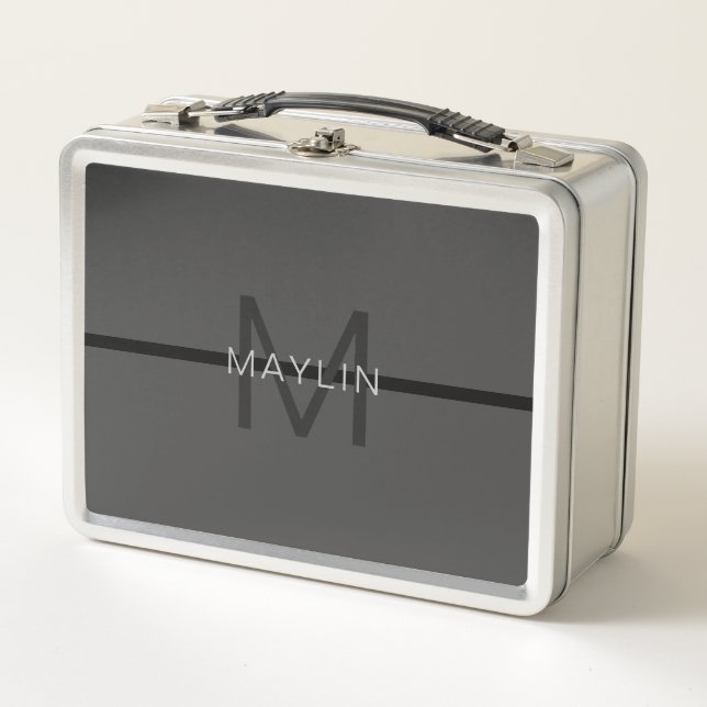 Stylish Masculine Dark Grey Name & Monogram  Metal Lunch Box (Front)